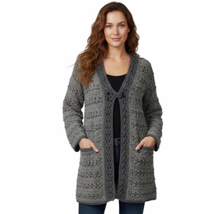 Hand Made On Iona Gray Warm Women Knit Crochet Sweater Cardigan 100% Wool